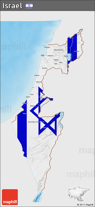 Flag 3D Map of Israel, single color outside, shaded relief sea, flag rotated