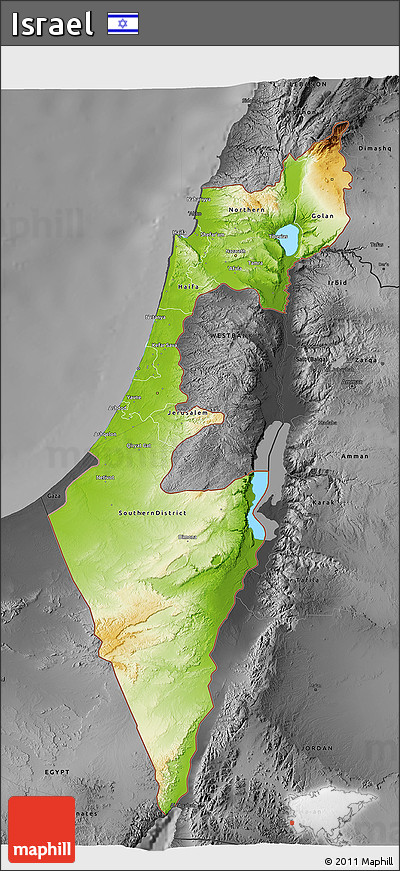 Physical 3D Map of Israel, darken, desaturated
