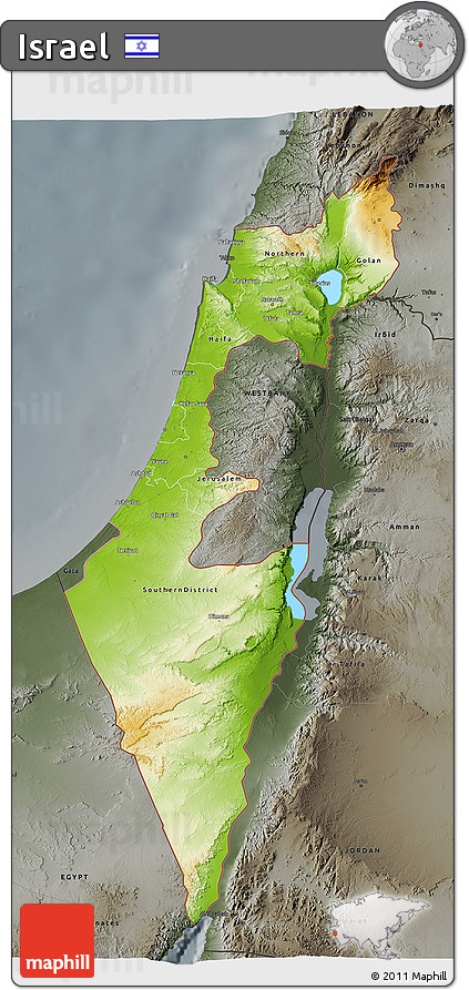 Physical 3D Map of Israel, darken, semi-desaturated