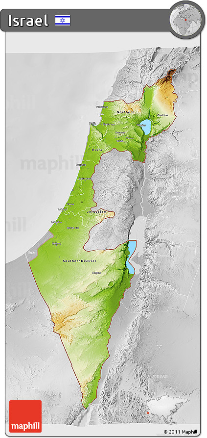 Physical 3D Map of Israel, lighten, desaturated