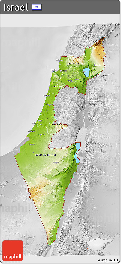 Physical 3D Map of Israel, lighten, desaturated