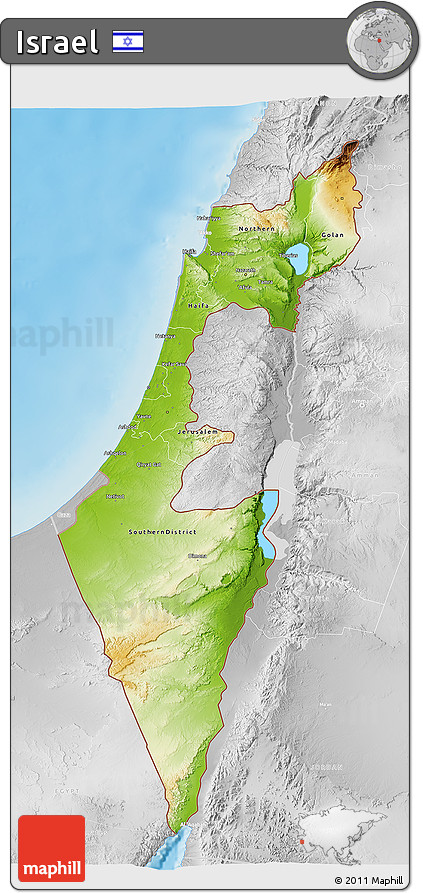 Physical 3D Map of Israel, lighten, desaturated, land only