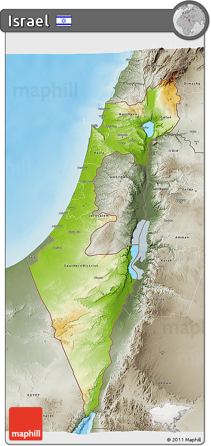 Physical 3D Map of Israel, semi-desaturated, land only