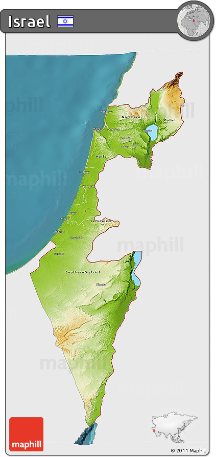 Physical 3D Map of Israel, single color outside, satellite sea