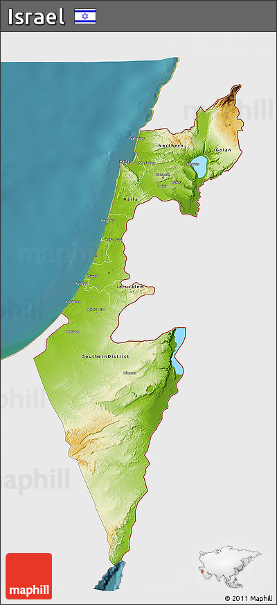 Physical 3D Map of Israel, single color outside, satellite sea