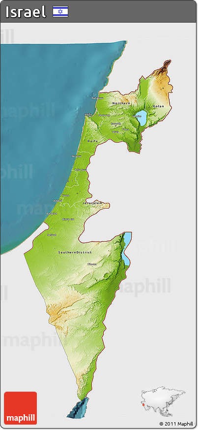 Physical 3D Map of Israel, single color outside, satellite sea
