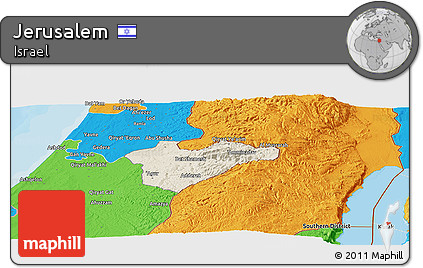 Shaded Relief Panoramic Map of Jerusalem, political outside