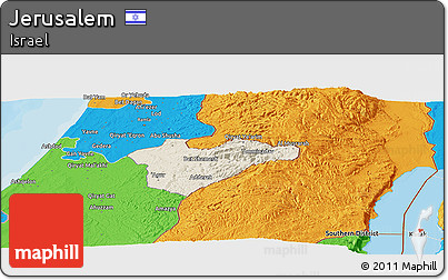 Shaded Relief Panoramic Map of Jerusalem, political outside