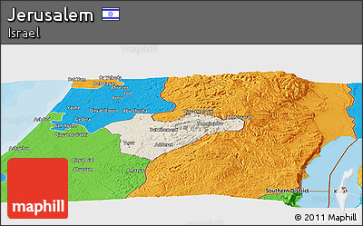 Shaded Relief Panoramic Map of Jerusalem, political outside
