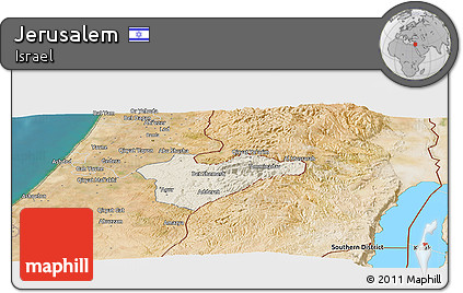 Shaded Relief Panoramic Map of Jerusalem, satellite outside