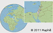 Gray Location Map of Israel, savanna style outside, hill shading inside
