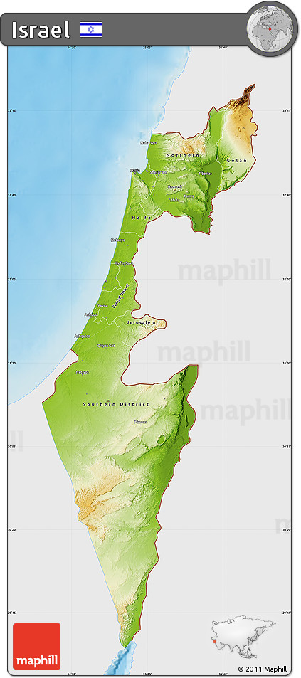 Physical Map of Israel, single color outside