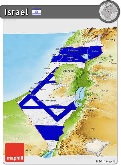 Flag Panoramic Map of Israel, physical outside, flag centered