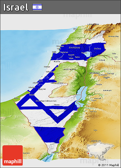 Flag Panoramic Map of Israel, physical outside, flag centered