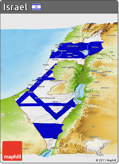 Flag Panoramic Map of Israel, physical outside, flag centered