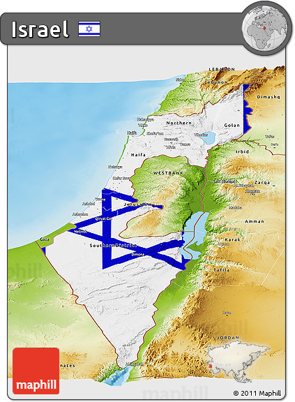 Flag Panoramic Map of Israel, physical outside, flag aligned to the middle