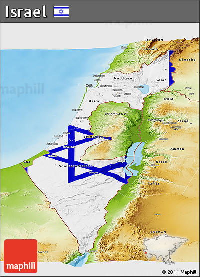 Flag Panoramic Map of Israel, physical outside, flag aligned to the middle