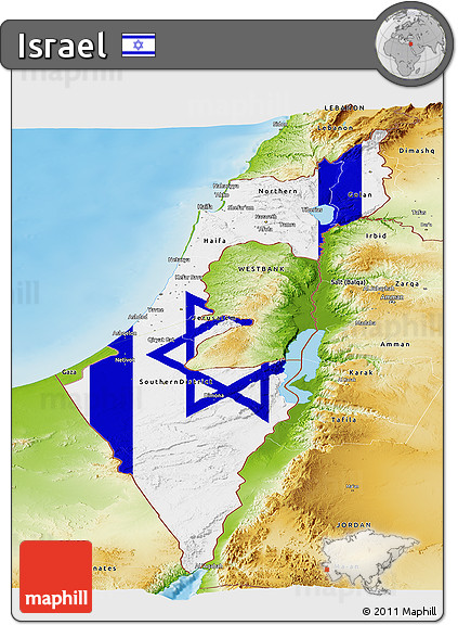 Flag Panoramic Map of Israel, physical outside, flag rotated