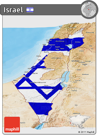 Flag Panoramic Map of Israel, satellite outside, bathymetry sea, flag centered