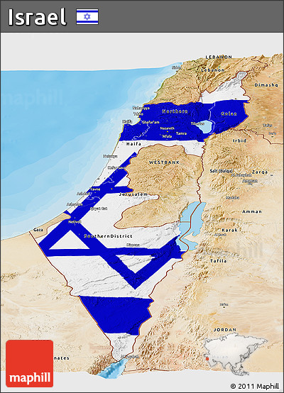 Flag Panoramic Map of Israel, satellite outside, bathymetry sea, flag centered