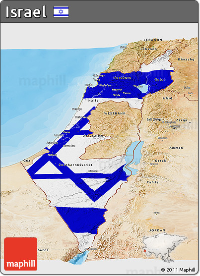 Flag Panoramic Map of Israel, satellite outside, bathymetry sea, flag centered