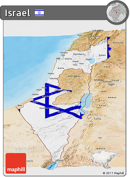 Flag Panoramic Map of Israel, satellite outside, bathymetry sea, flag aligned to the middle