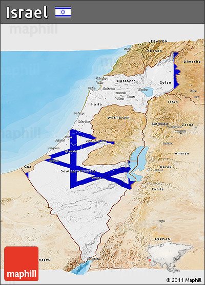 Flag Panoramic Map of Israel, satellite outside, bathymetry sea, flag aligned to the middle