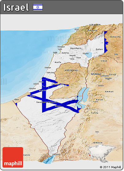 Flag Panoramic Map of Israel, satellite outside, bathymetry sea, flag aligned to the middle