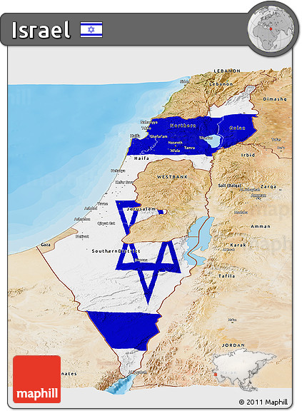 Flag Panoramic Map of Israel, satellite outside, bathymetry sea
