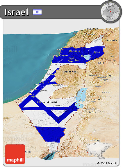 Flag Panoramic Map of Israel, satellite outside, flag centered