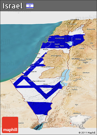 Flag Panoramic Map of Israel, satellite outside, flag centered