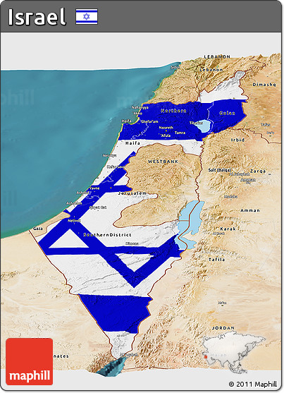 Flag Panoramic Map of Israel, satellite outside, flag centered