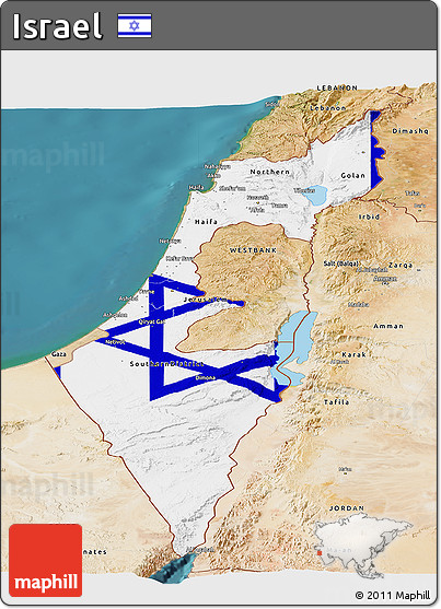 Flag Panoramic Map of Israel, satellite outside, flag aligned to the middle