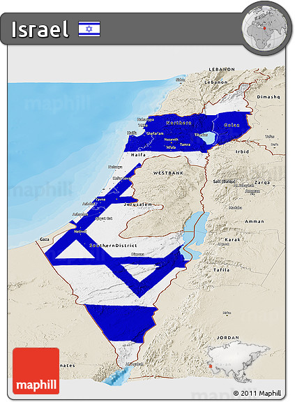 Flag Panoramic Map of Israel, shaded relief outside, bathymetry sea, flag centered