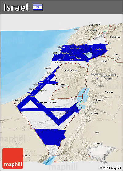 Flag Panoramic Map of Israel, shaded relief outside, bathymetry sea, flag centered