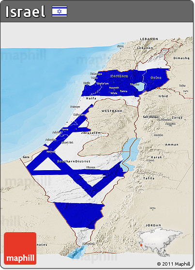 Flag Panoramic Map of Israel, shaded relief outside, bathymetry sea, flag centered