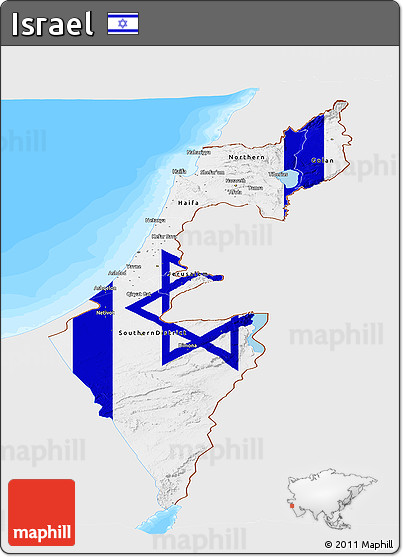 Flag Panoramic Map of Israel, single color outside, bathymetry sea, flag rotated