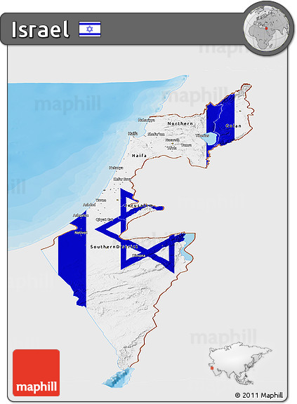Flag Panoramic Map of Israel, single color outside, bathymetry sea, shaded relief sea, flag rotated