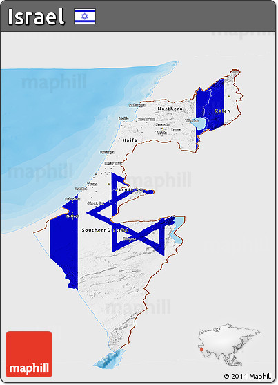 Flag Panoramic Map of Israel, single color outside, bathymetry sea, shaded relief sea, flag rotated