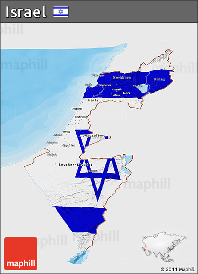 Flag Panoramic Map of Israel, single color outside, bathymetry sea, shaded relief sea