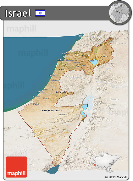Satellite Panoramic Map of Israel, lighten, land only