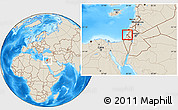 Shaded Relief Location Map of Tel Aviv, within the entire country