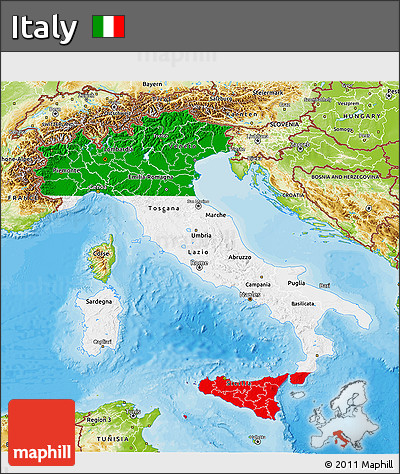 Flag 3D Map of Italy, physical outside, bathymetry sea, flag aligned to the middle