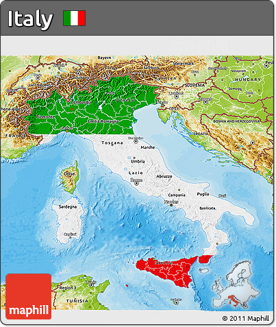 Flag 3D Map of Italy, physical outside, bathymetry sea, flag aligned to the middle