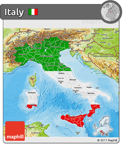 Flag 3D Map of Italy, physical outside, bathymetry sea, flag rotated