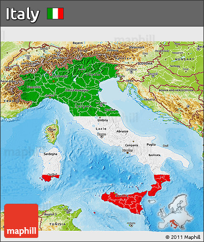 Flag 3D Map of Italy, physical outside, bathymetry sea, flag rotated