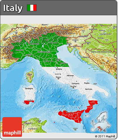 Flag 3D Map of Italy, physical outside, bathymetry sea, flag rotated