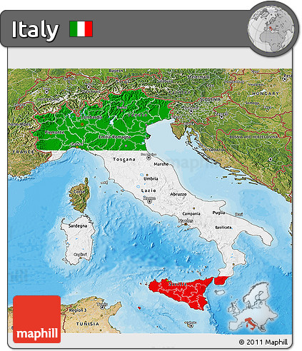 Flag 3D Map of Italy, satellite outside, bathymetry sea, flag aligned to the middle