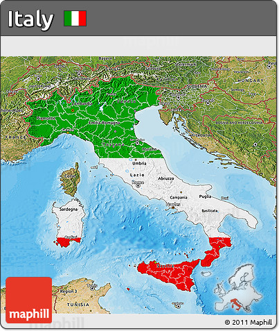 Flag 3D Map of Italy, satellite outside, bathymetry sea, flag rotated