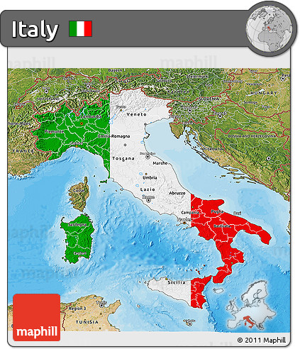Flag 3D Map of Italy, satellite outside, bathymetry sea